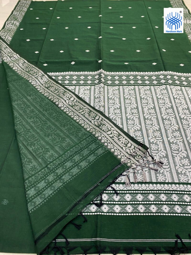 Bottle Green Handwoven Khadi Cotton Mekhla Saree - Image 2