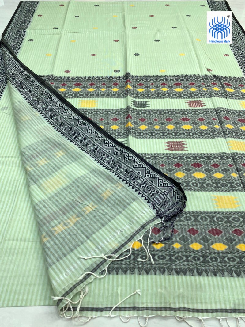 Handloom Pure Cotton Firozi Green Jamdani Saree - Image 2