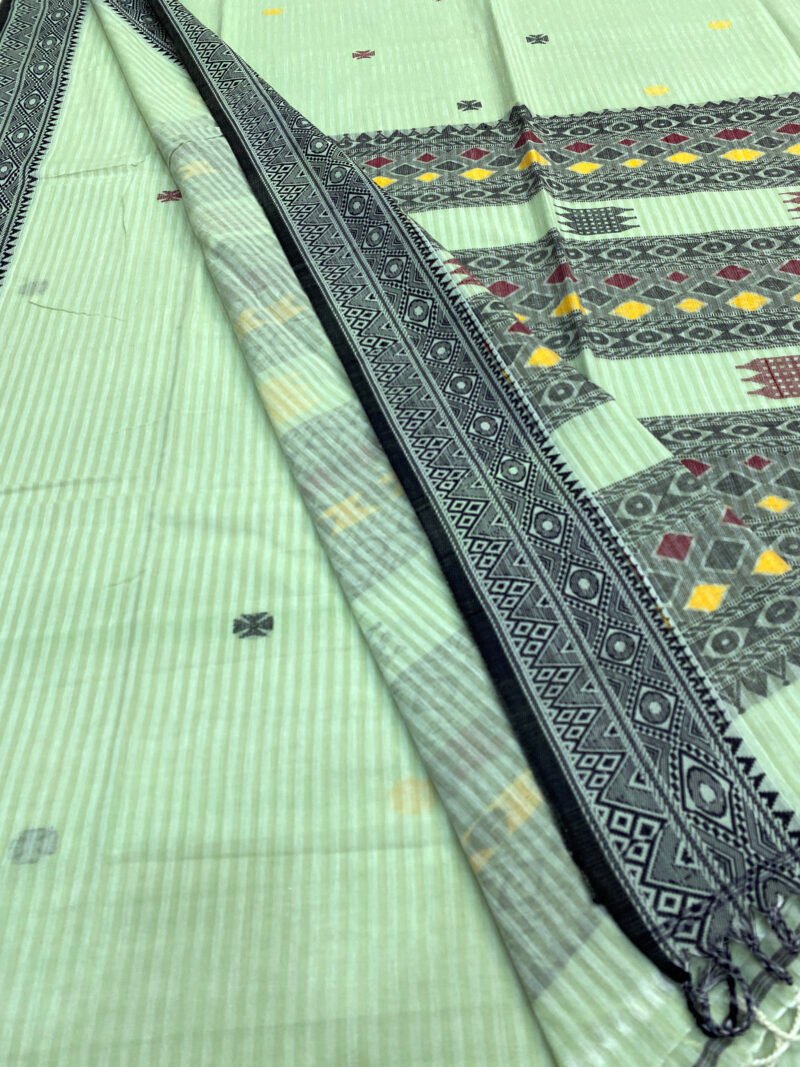 Handloom Pure Cotton Firozi Green Jamdani Saree - Image 3