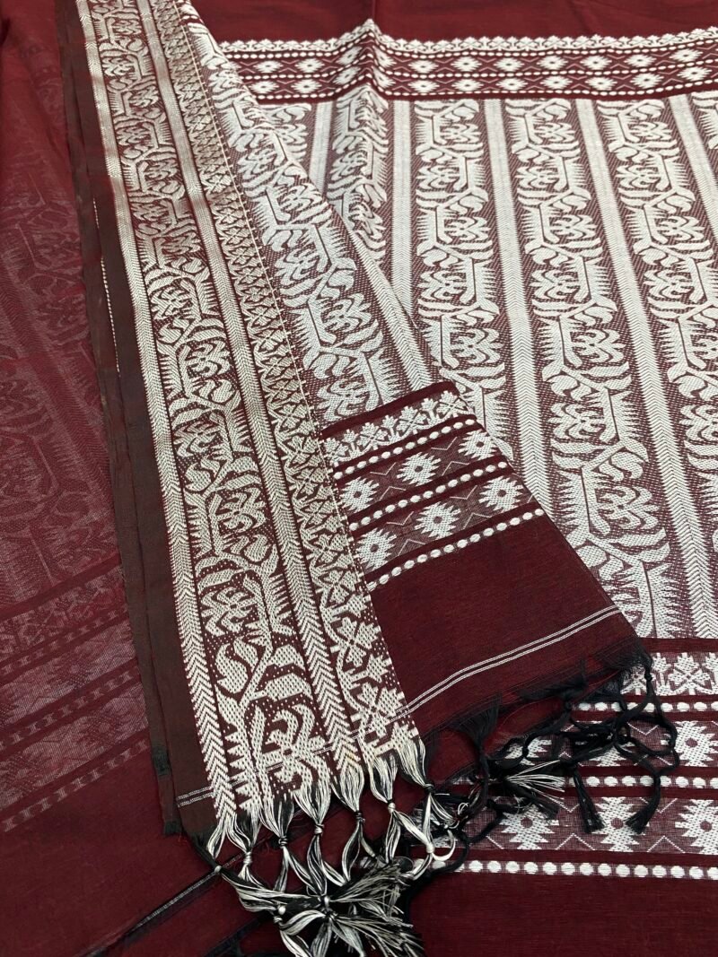 Maroon Handwoven Khadi Cotton Mekhla Saree - Image 3