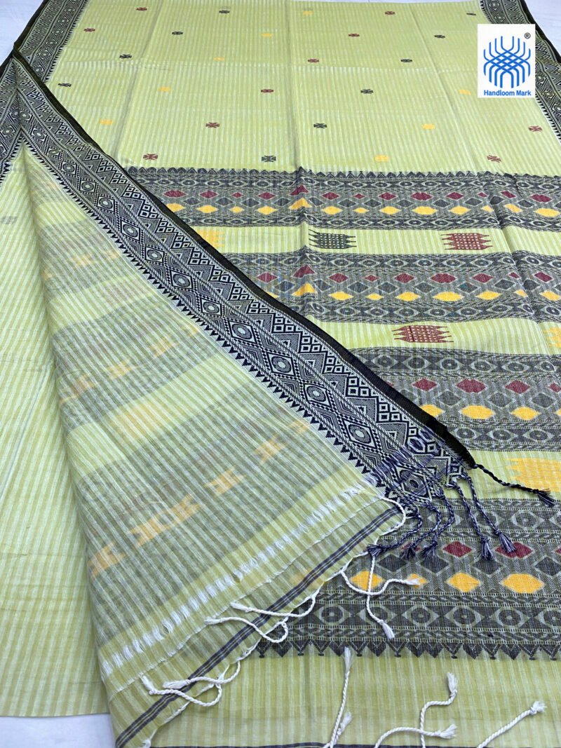 Handloom Pure Cotton Lemon Green Jamdani Saree - Image 2