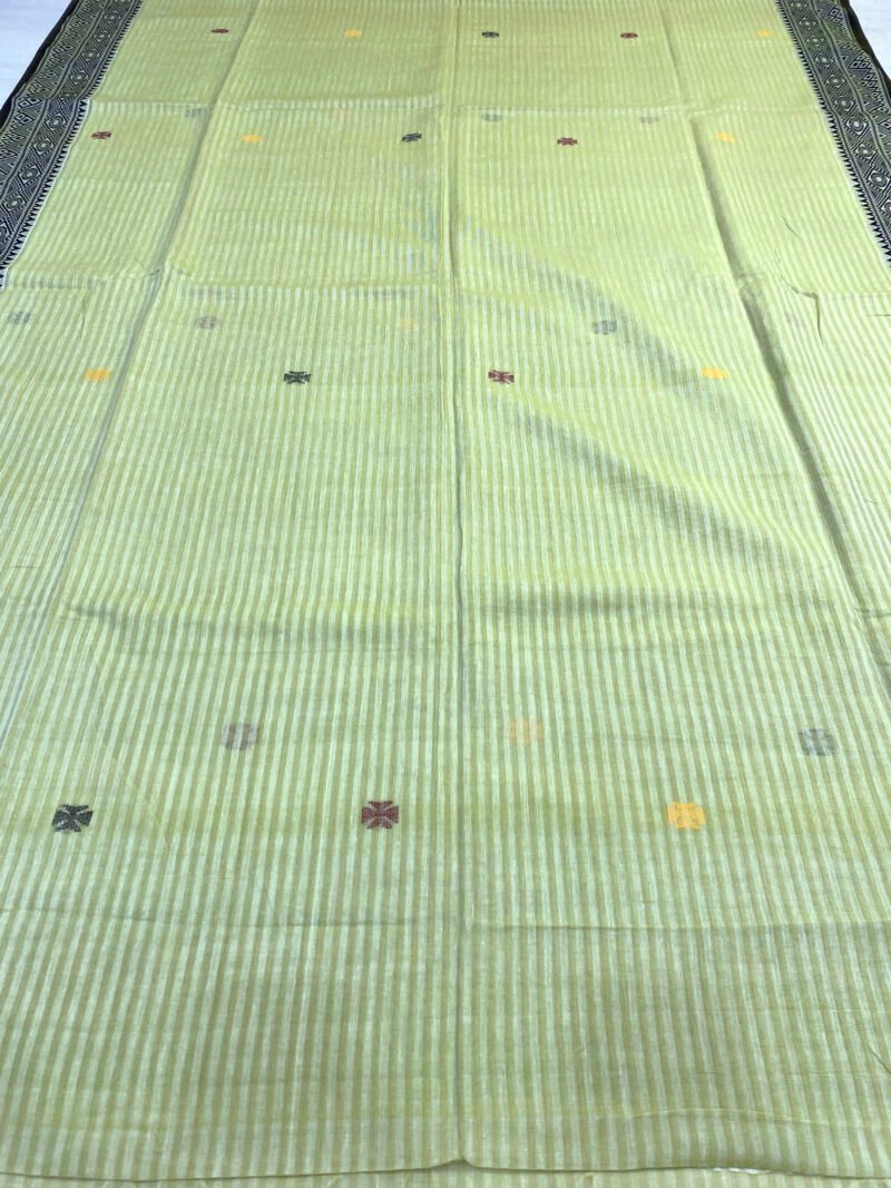 Handloom Pure Cotton Lemon Green Jamdani Saree - Image 3