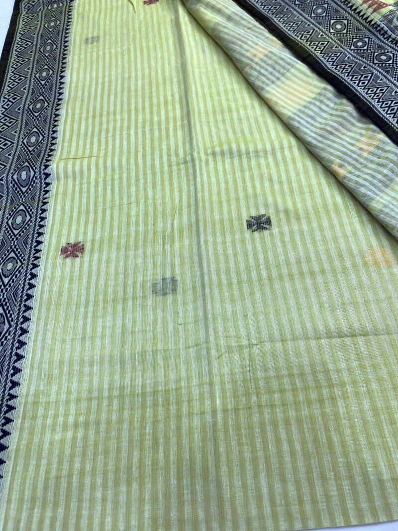 Handloom Pure Cotton Lemon Green Jamdani Saree - Image 4