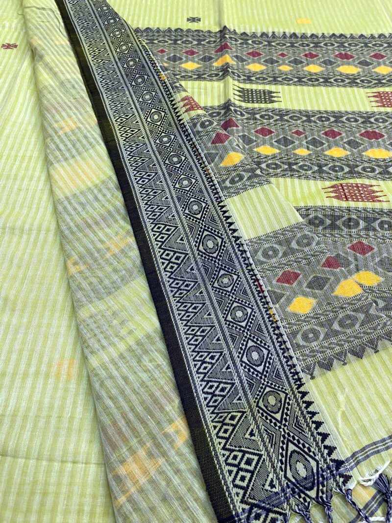 Handloom Pure Cotton Lemon Green Jamdani Saree - Image 5