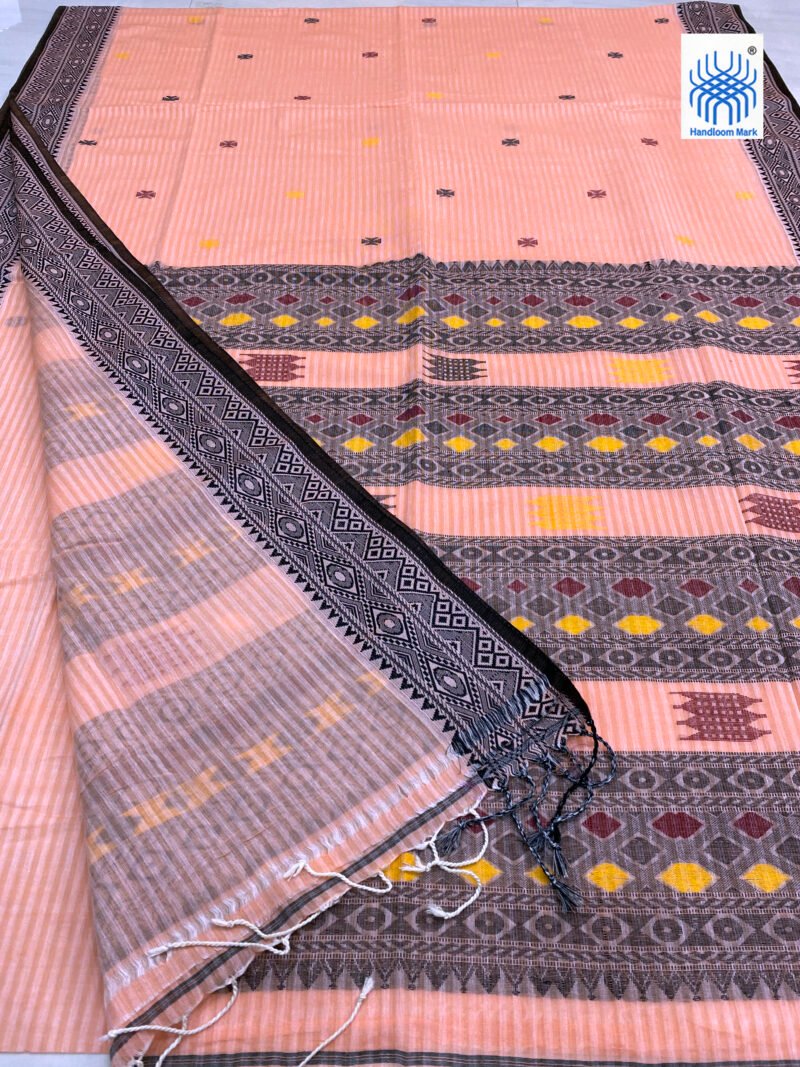 Handloom Pure Cotton Peach Jamdani Saree - Image 2