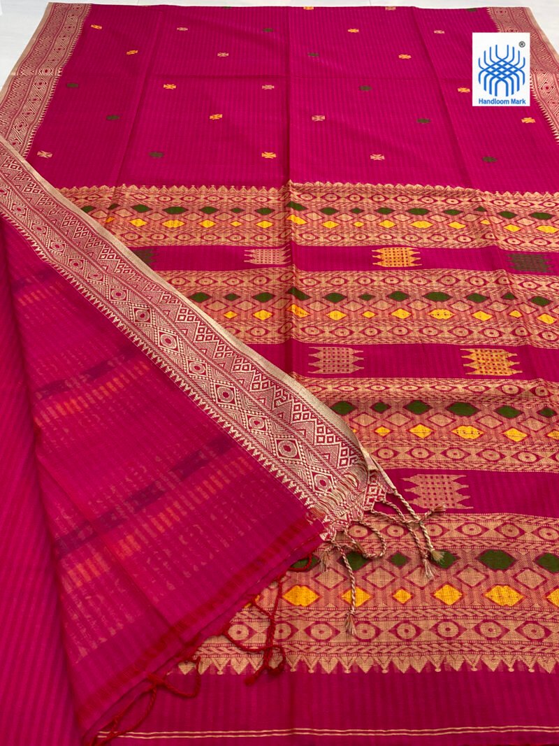 Handloom Pure Cotton Rani Pink Jamdani Saree - Image 2