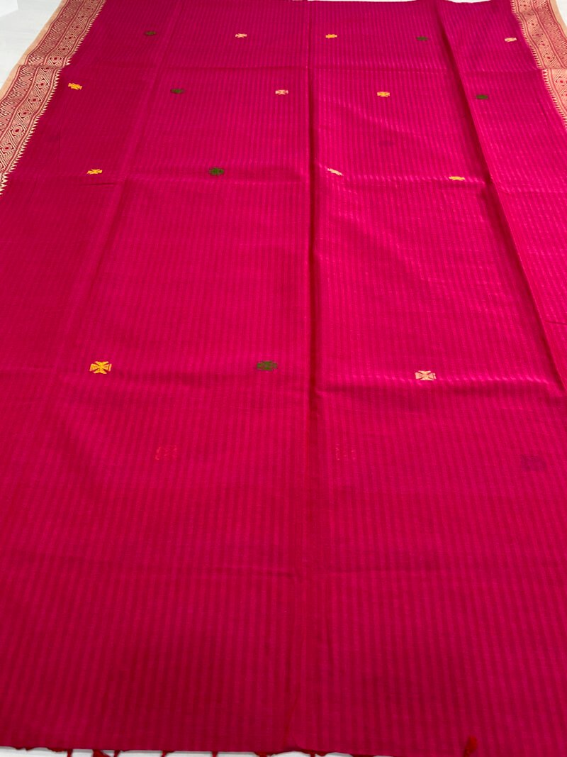 Handloom Pure Cotton Rani Pink Jamdani Saree - Image 3