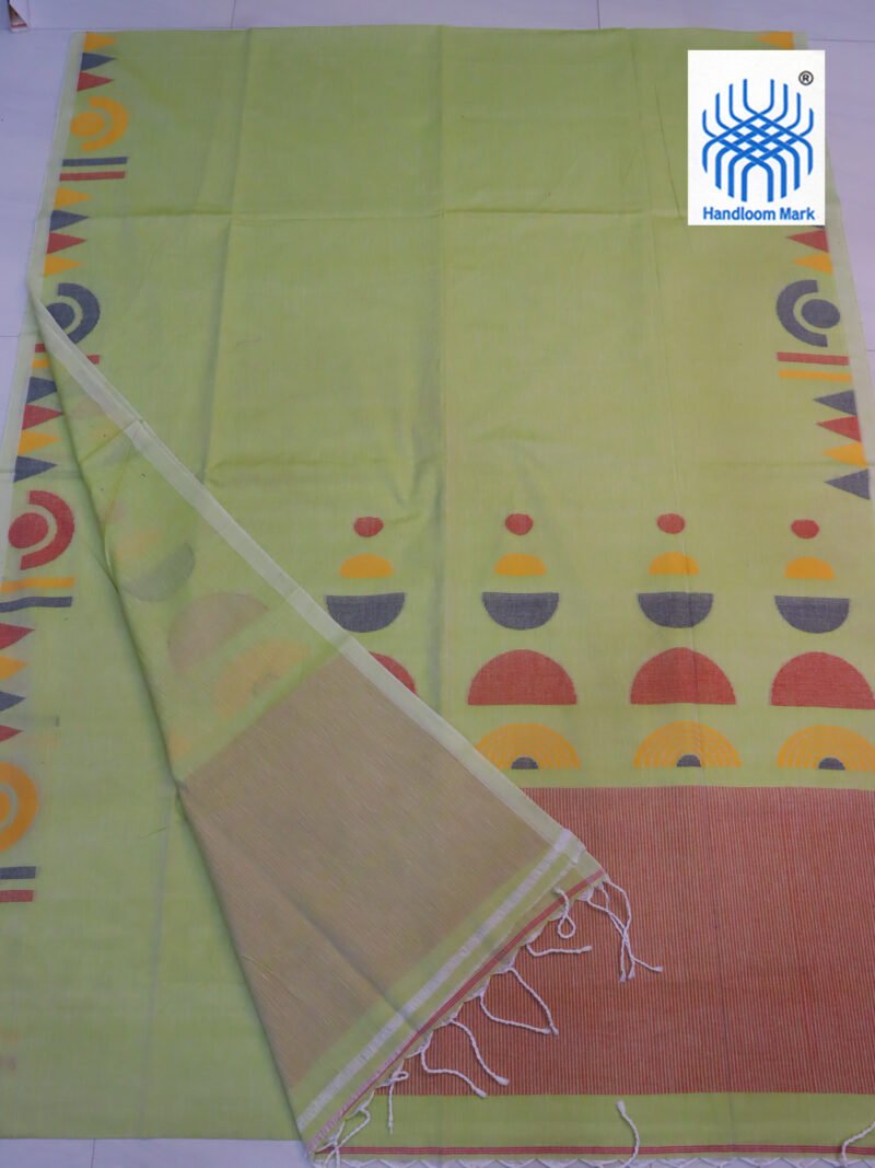 Lemon Green Handloom Pure Cotton Jamdani Saree - Image 2