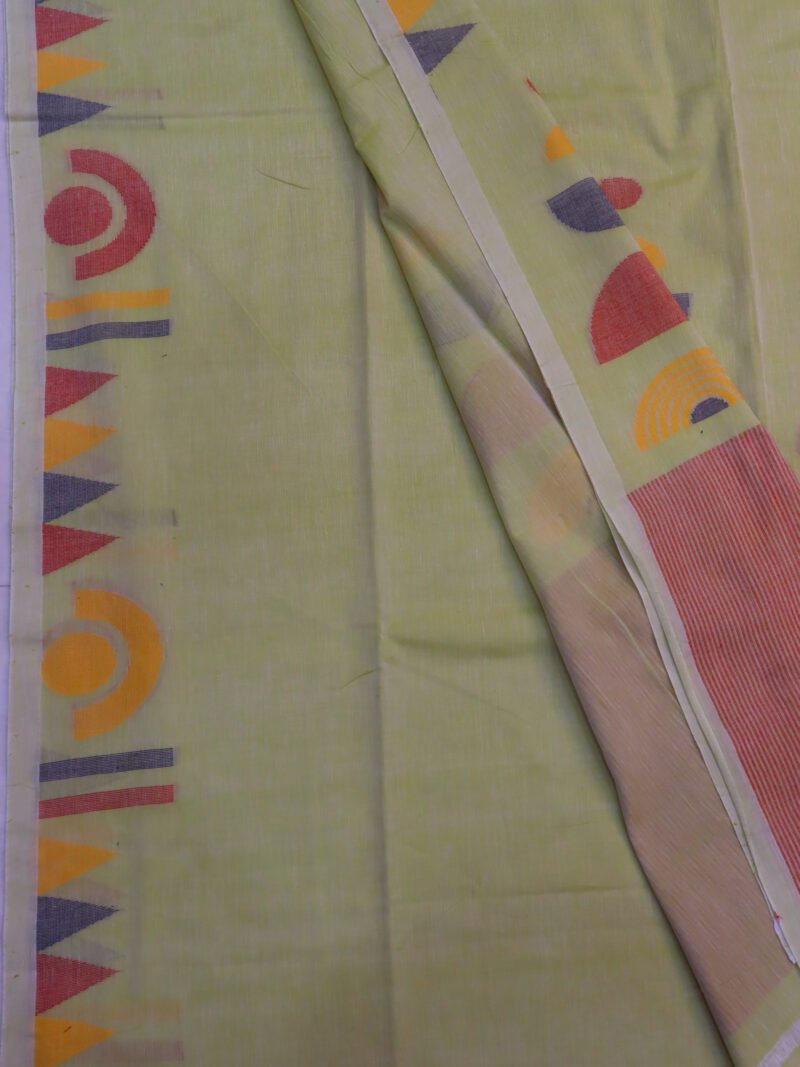 Lemon Green Handloom Pure Cotton Jamdani Saree - Image 3