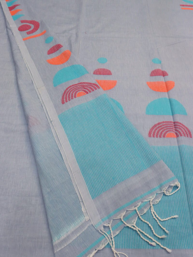 Blue Gray Handloom Pure Cotton Jamdani Saree - Image 4