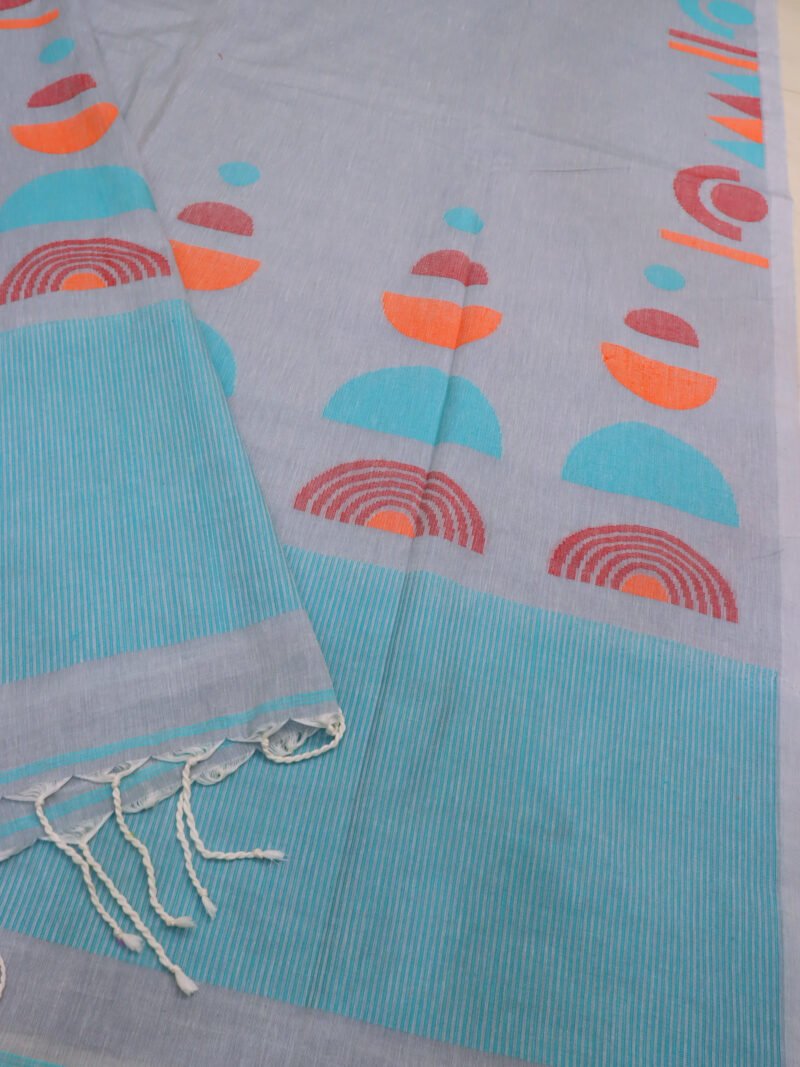 Blue Gray Handloom Pure Cotton Jamdani Saree - Image 3