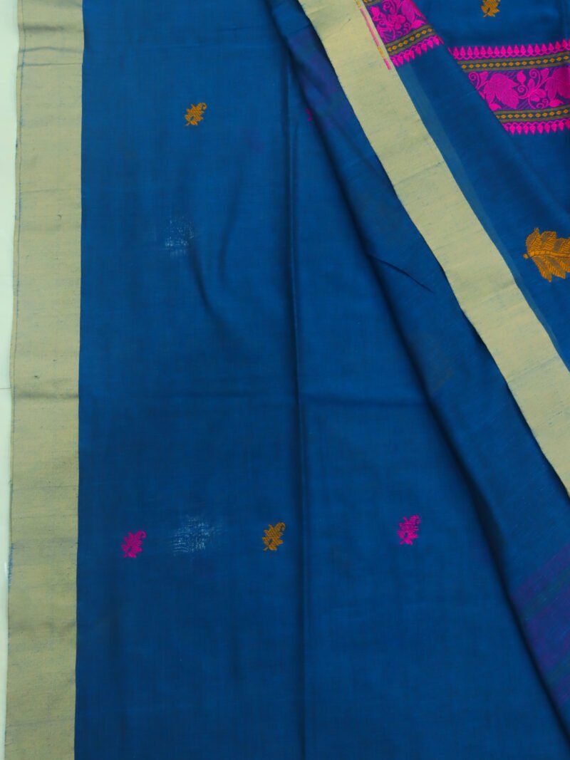 Greenish Blue Bengal Handloom Cotton Saree - Image 3