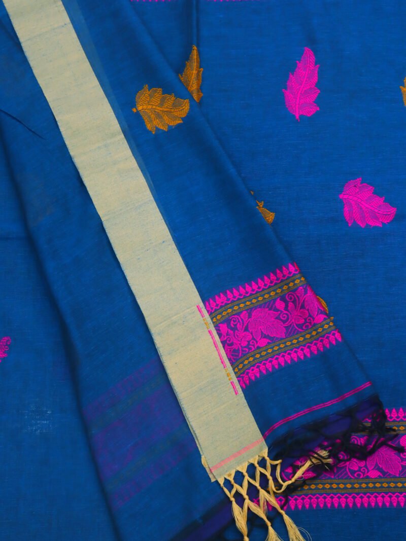 Greenish Blue Bengal Handloom Cotton Saree - Image 4