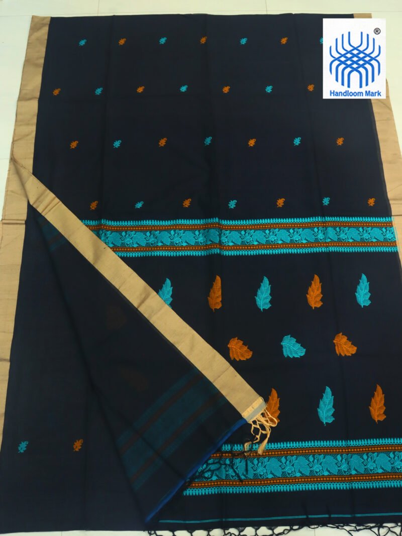 Black Bengal Handloom Cotton Saree - Image 2