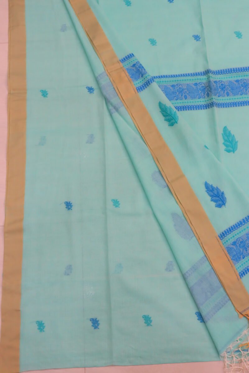 Tifanny Blue Bengal Handloom Cotton Saree - Image 3