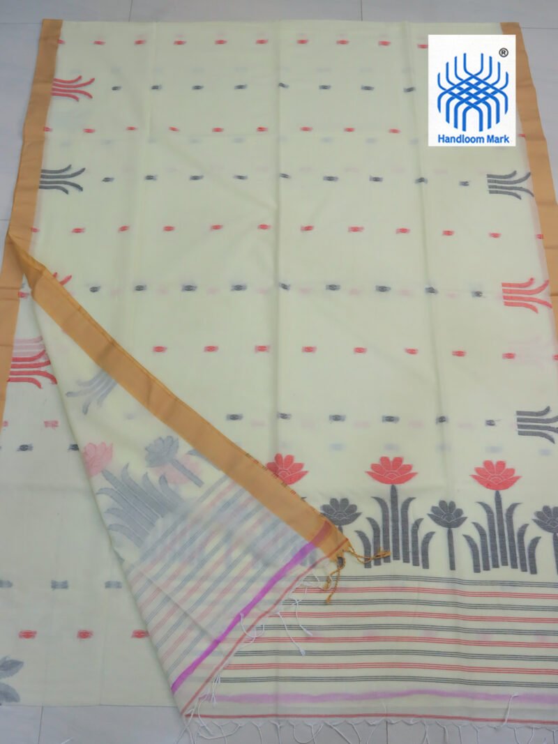 Off White Handloom Khadi Cotton Jamdani Saree - Image 2