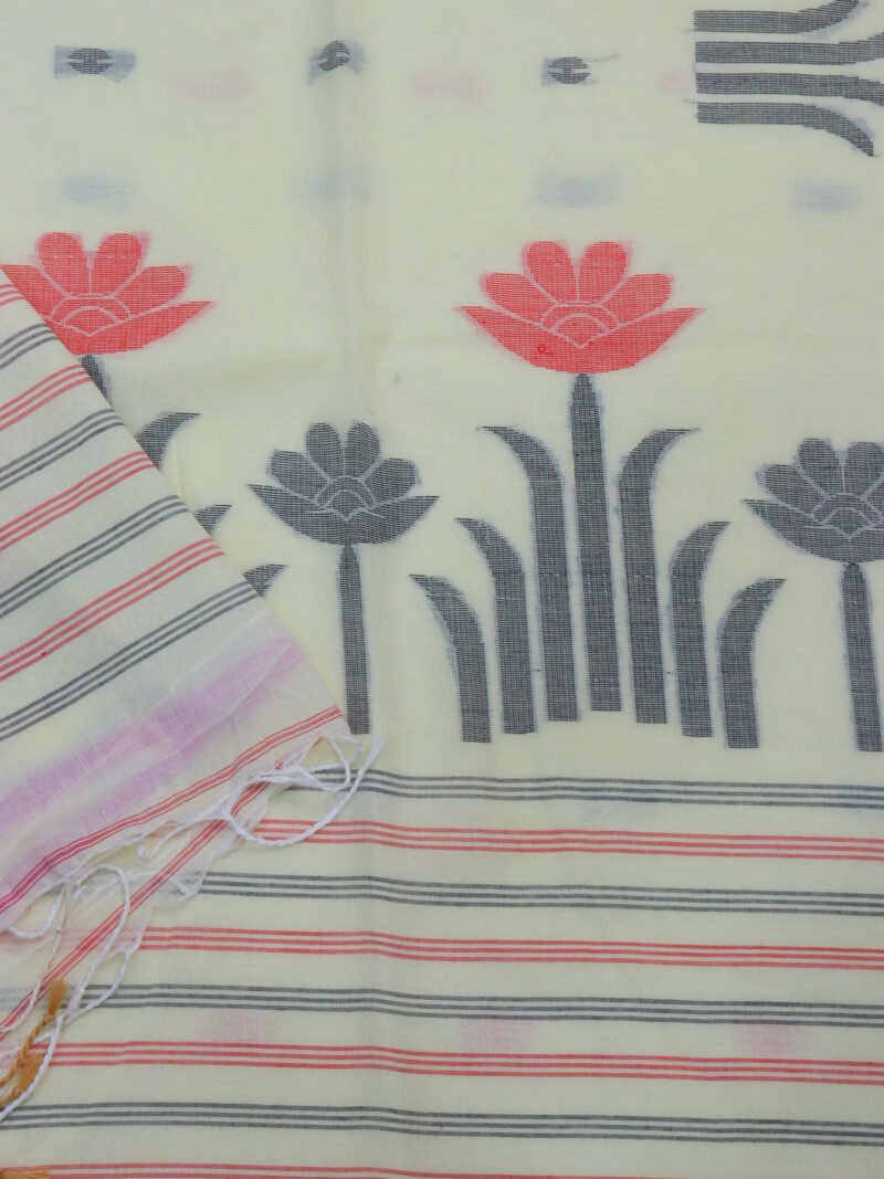 Off White Handloom Khadi Cotton Jamdani Saree - Image 5