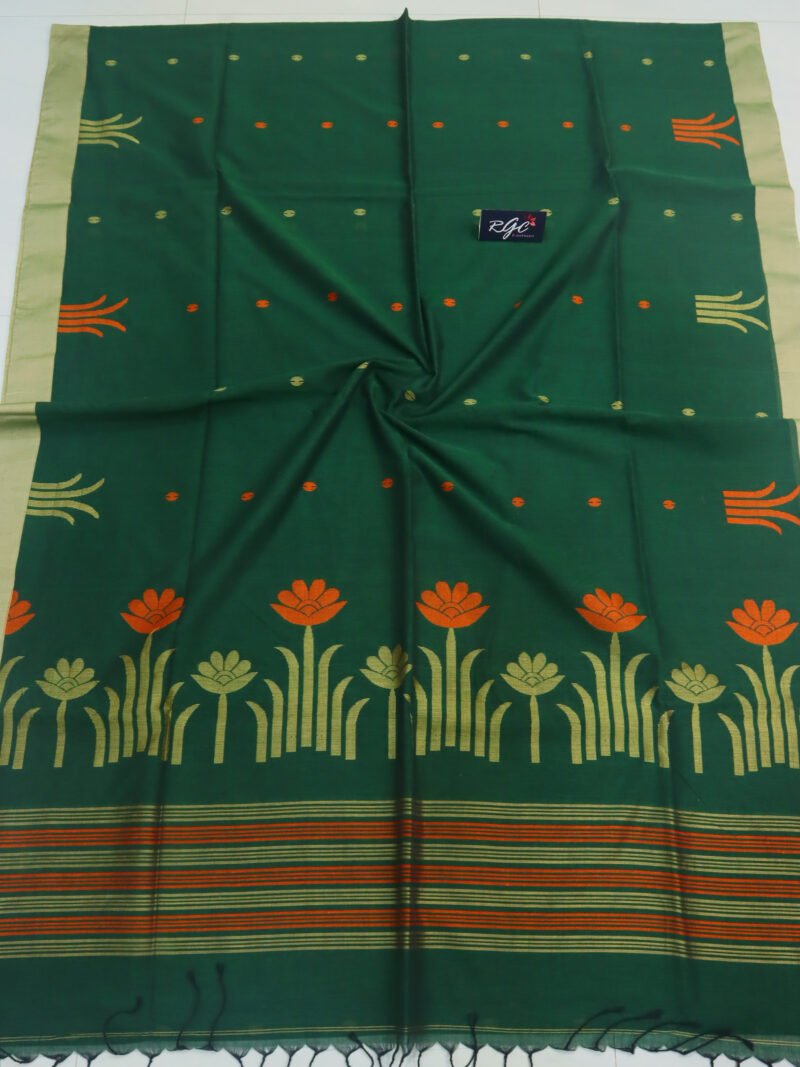 Bottle Green Handloom Khadi Cotton Jamdani Saree