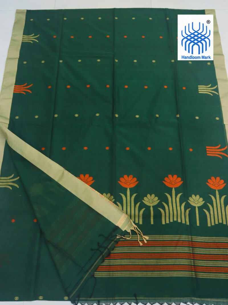 Bottle Green Handloom Khadi Cotton Jamdani Saree - Image 2