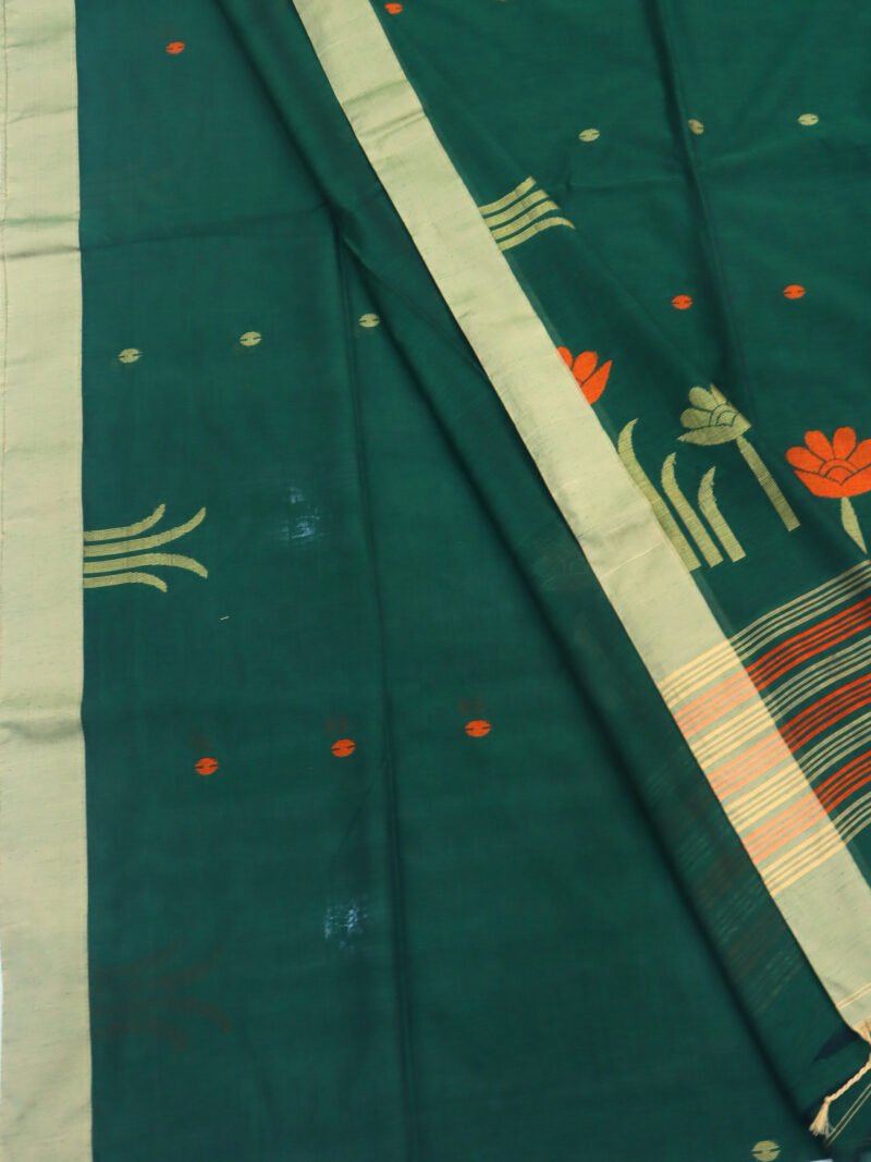 Bottle Green Handloom Khadi Cotton Jamdani Saree - Image 3