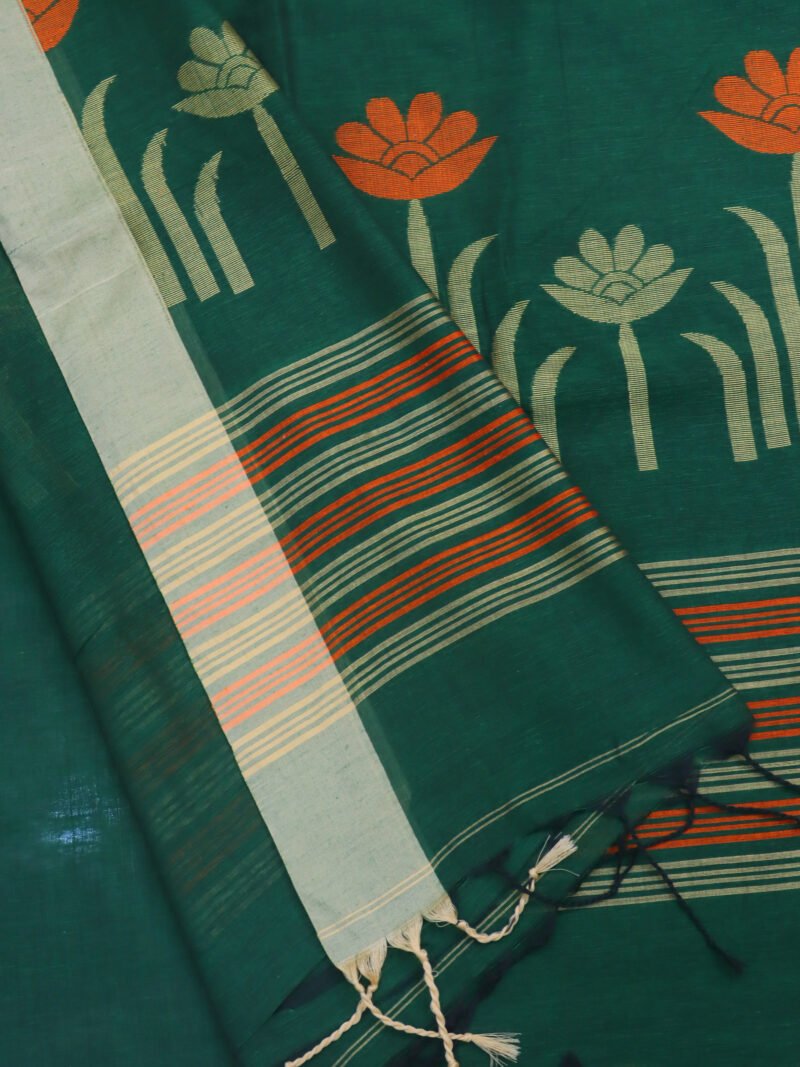 Bottle Green Handloom Khadi Cotton Jamdani Saree - Image 4
