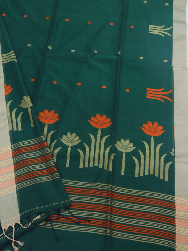 Bottle Green Handloom Khadi Cotton Jamdani Saree - Image 5