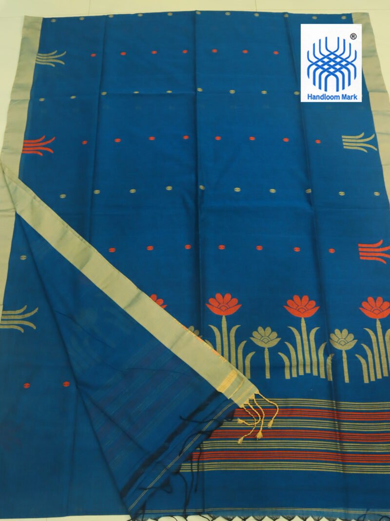 Greenish Blue Handloom Khadi Cotton Jamdani Saree - Image 2