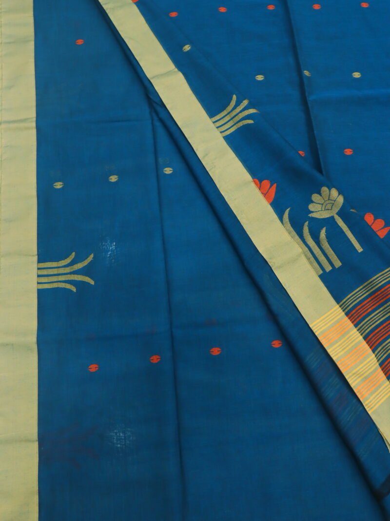Greenish Blue Handloom Khadi Cotton Jamdani Saree - Image 3