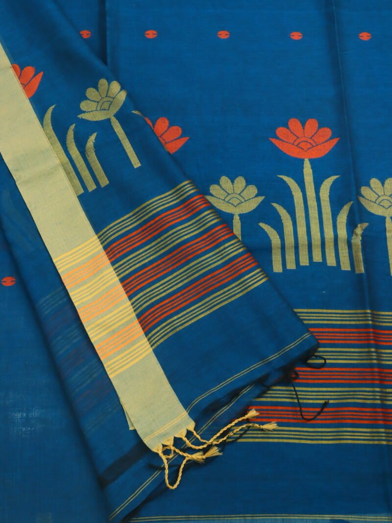 Greenish Blue Handloom Khadi Cotton Jamdani Saree - Image 4