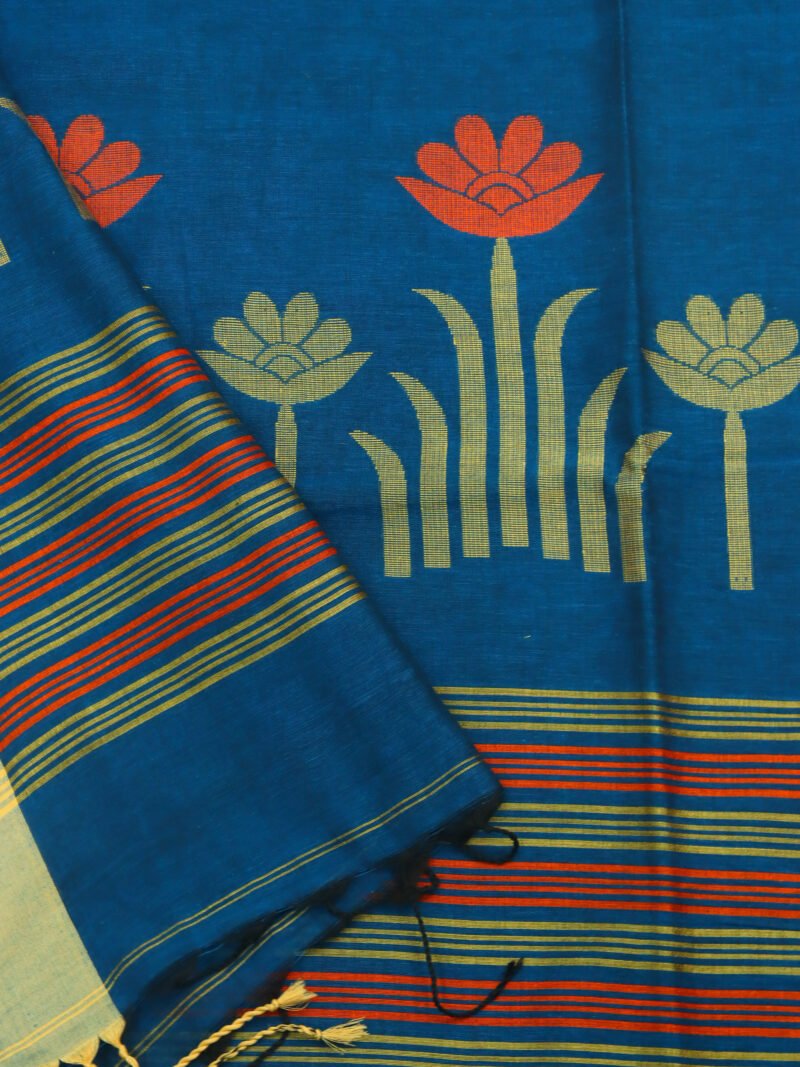 Greenish Blue Handloom Khadi Cotton Jamdani Saree - Image 6