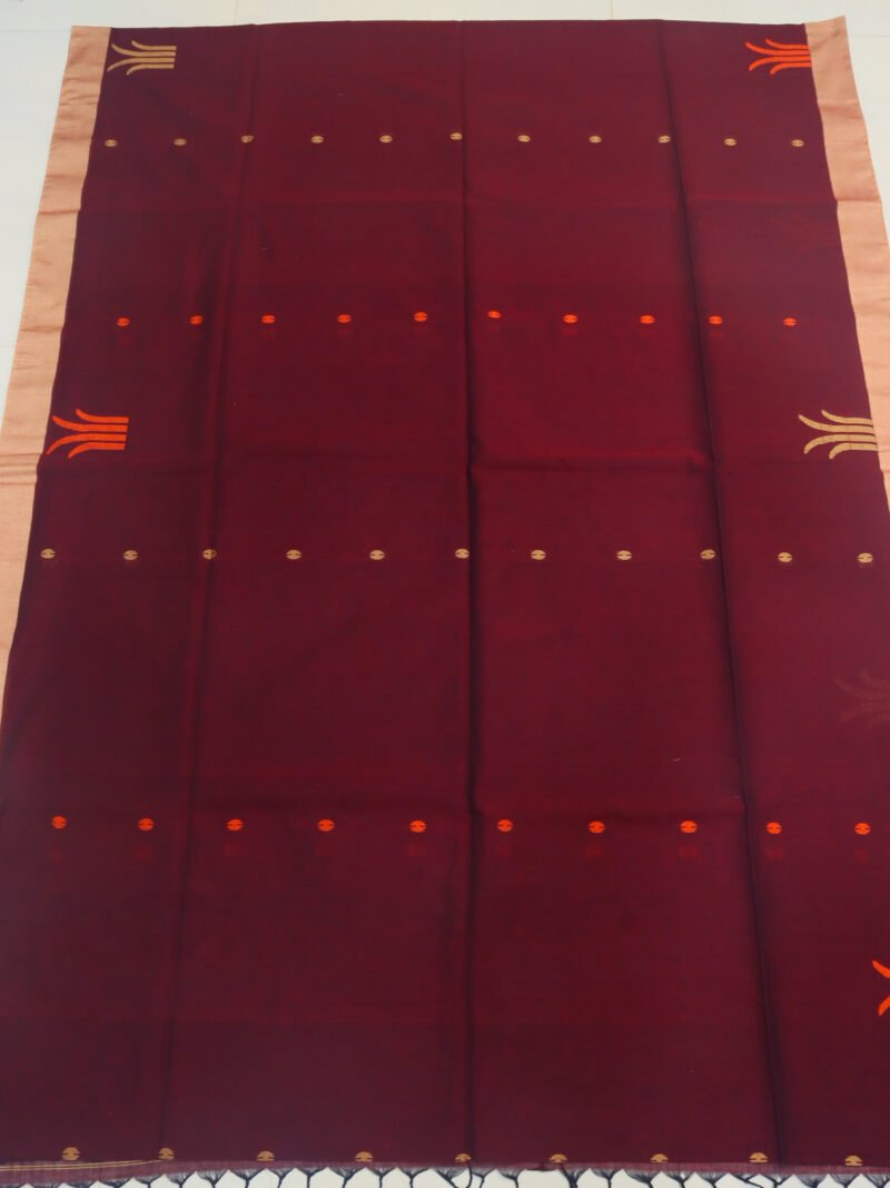 Maroon Handloom Khadi Cotton Jamdani Saree - Image 6