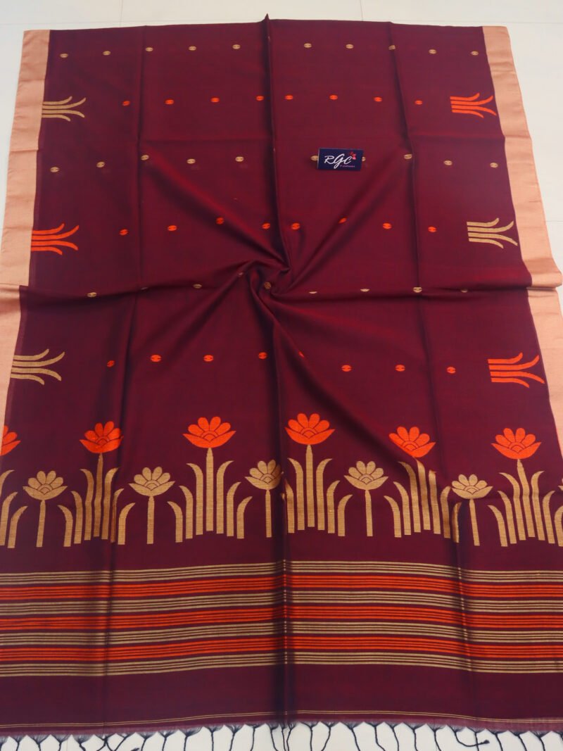 Maroon Handloom Khadi Cotton Jamdani Saree