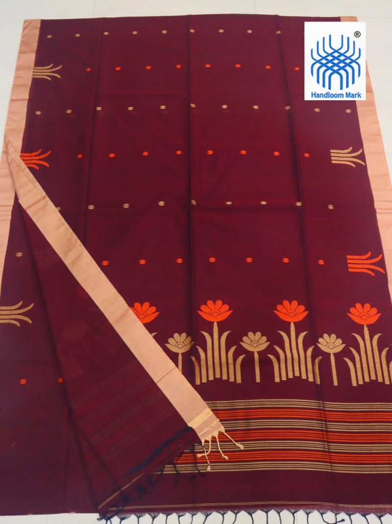 Maroon Handloom Khadi Cotton Jamdani Saree - Image 2