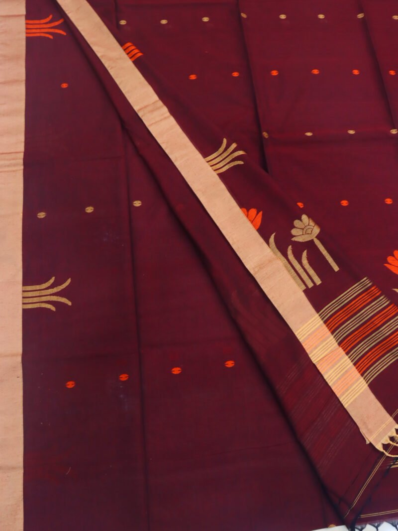 Maroon Handloom Khadi Cotton Jamdani Saree - Image 3
