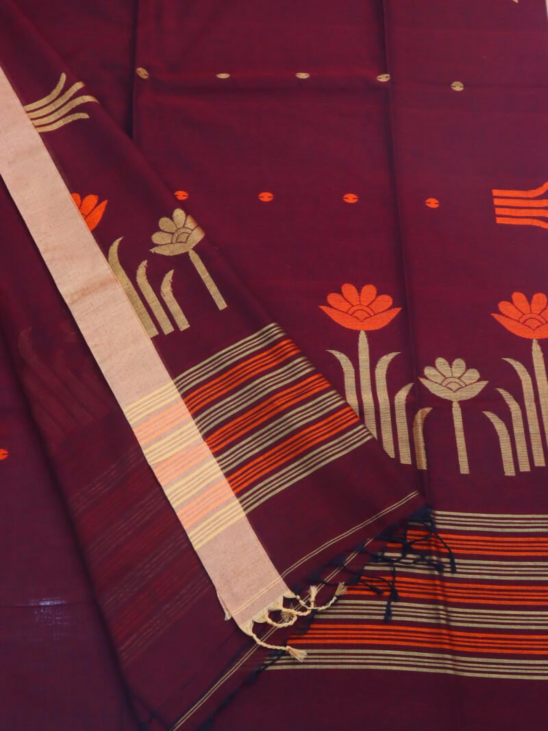 Maroon Handloom Khadi Cotton Jamdani Saree - Image 4