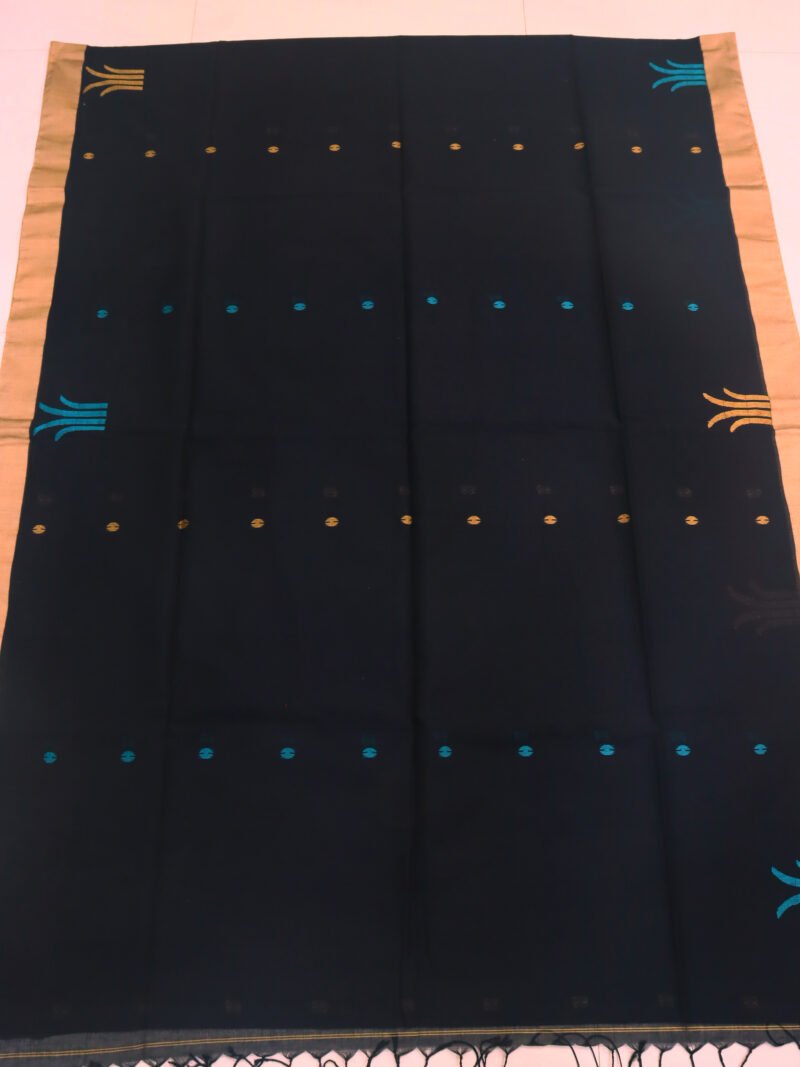 Black Handloom Khadi Cotton Jamdani Saree - Image 3