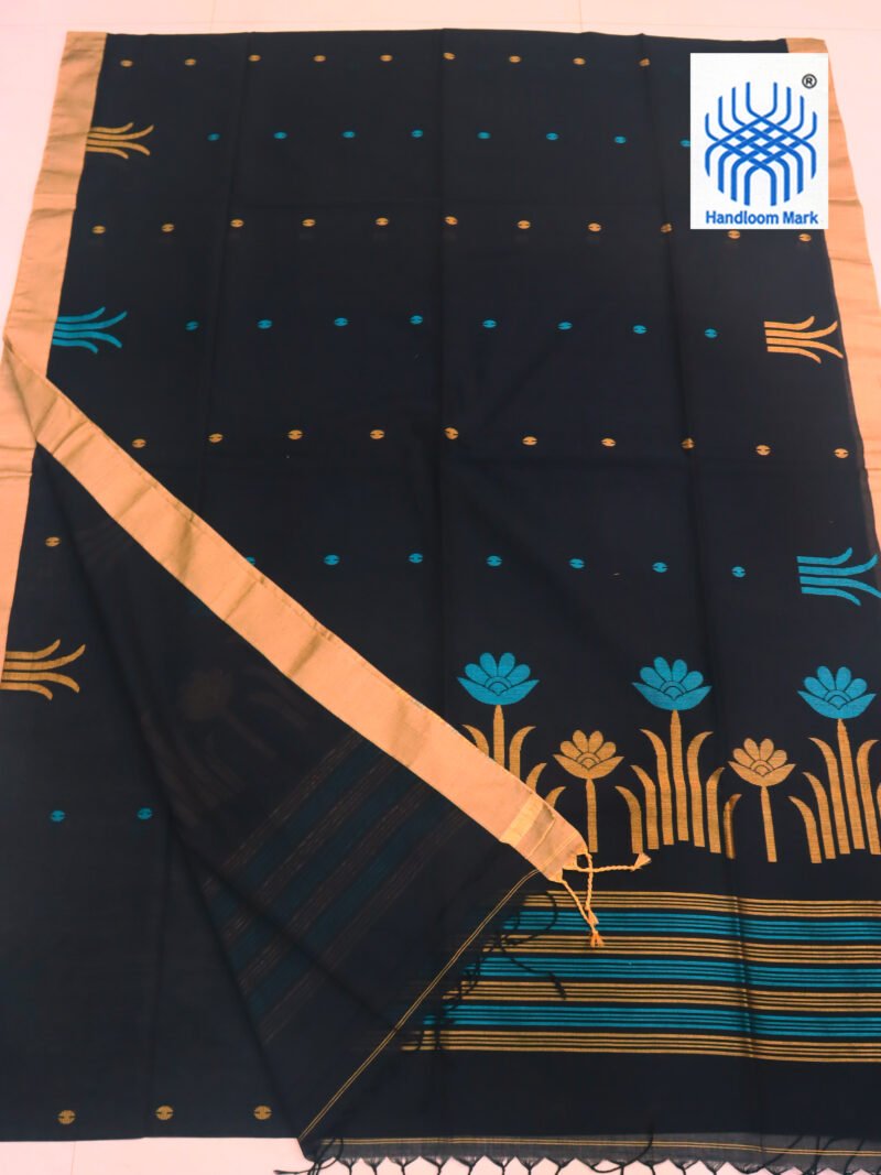Black Handloom Khadi Cotton Jamdani Saree - Image 2