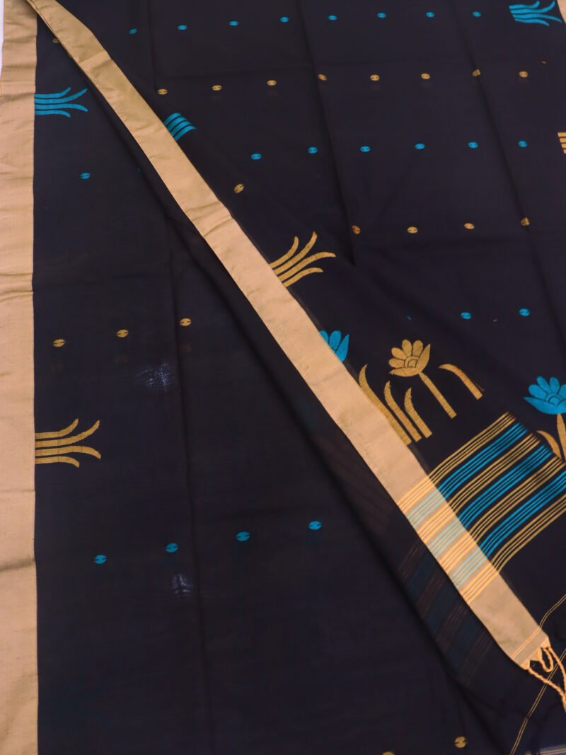 Black Handloom Khadi Cotton Jamdani Saree - Image 4