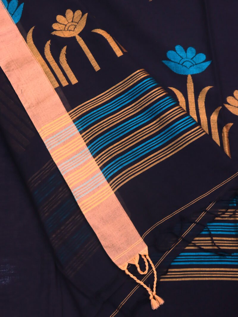 Black Handloom Khadi Cotton Jamdani Saree - Image 5