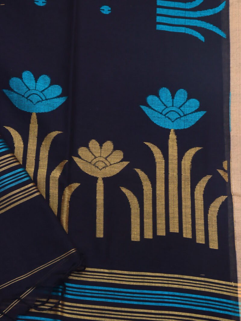 Black Handloom Khadi Cotton Jamdani Saree - Image 6