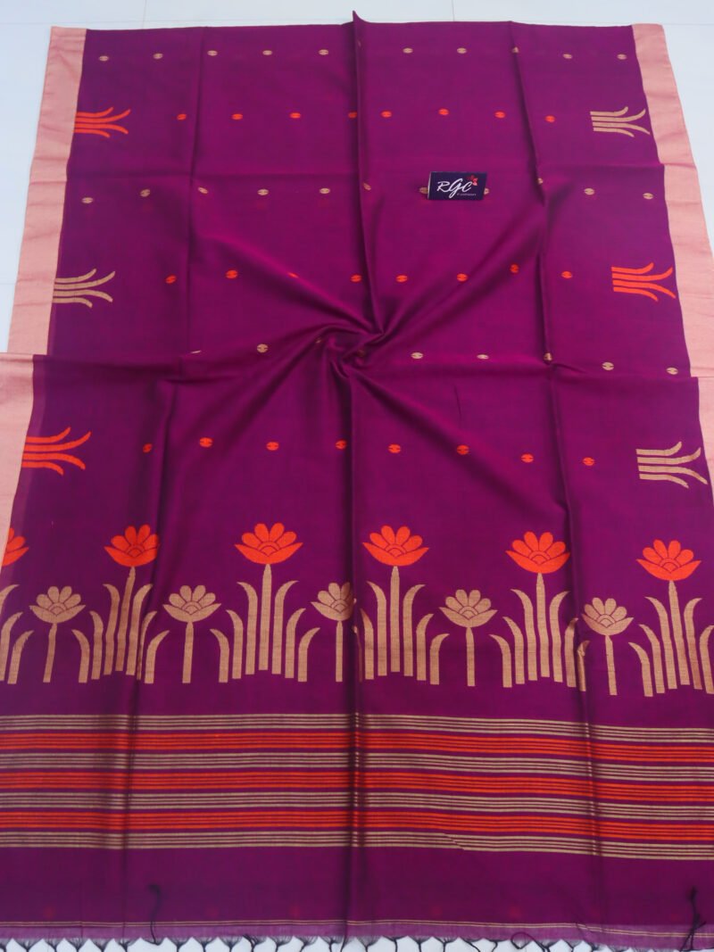 Wine Handloom Khadi Cotton Jamdani Saree