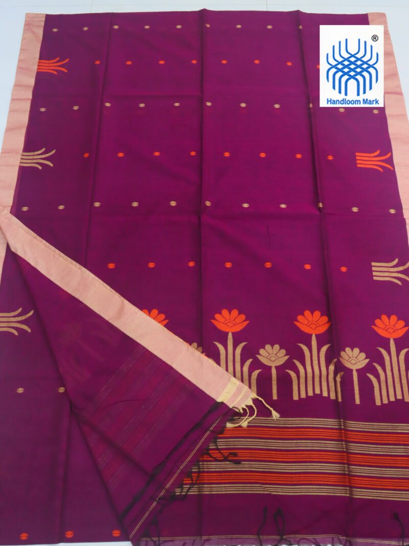 Wine Handloom Khadi Cotton Jamdani Saree - Image 2