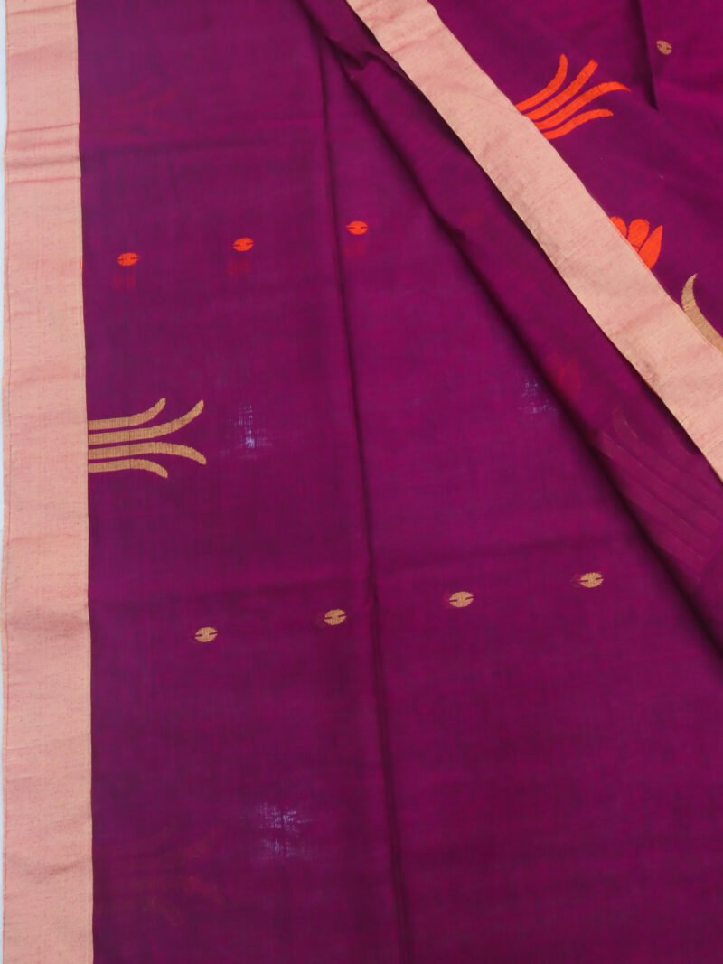 Wine Handloom Khadi Cotton Jamdani Saree - Image 3