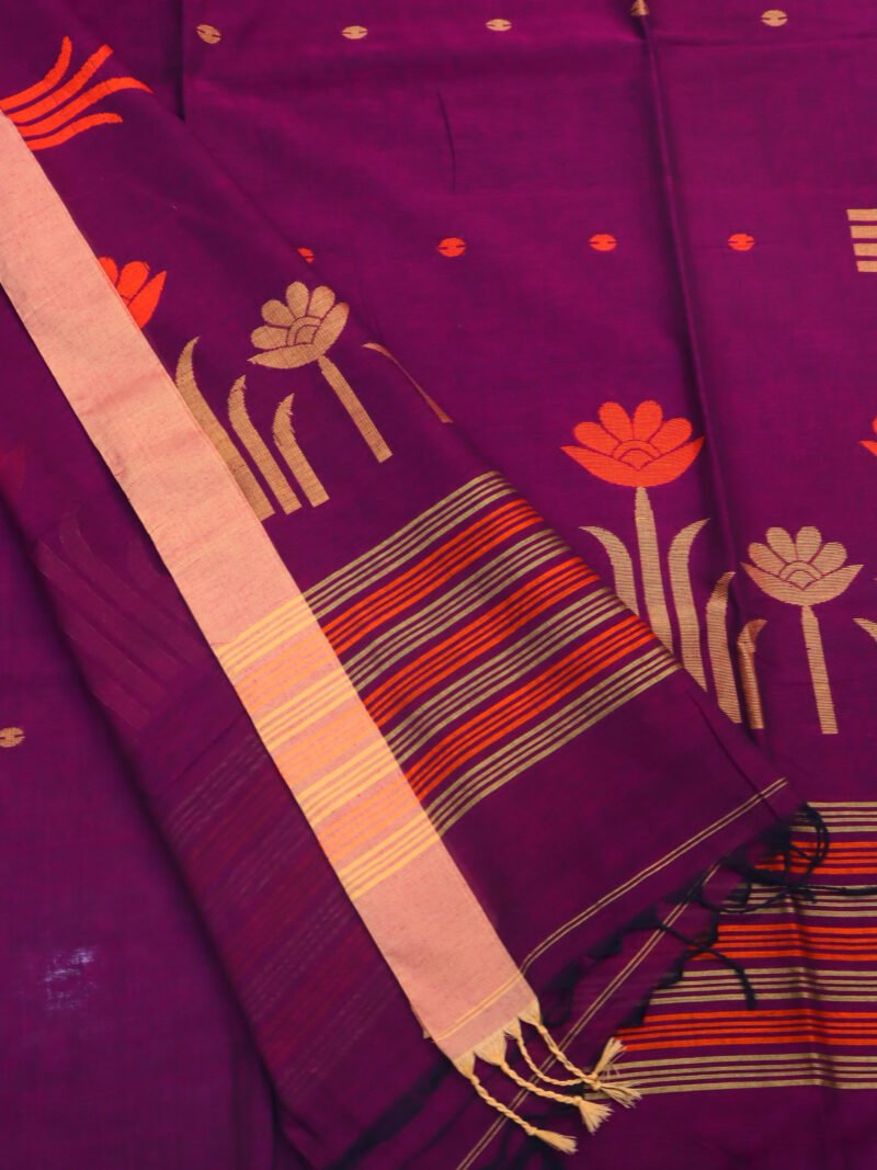 Wine Handloom Khadi Cotton Jamdani Saree - Image 4