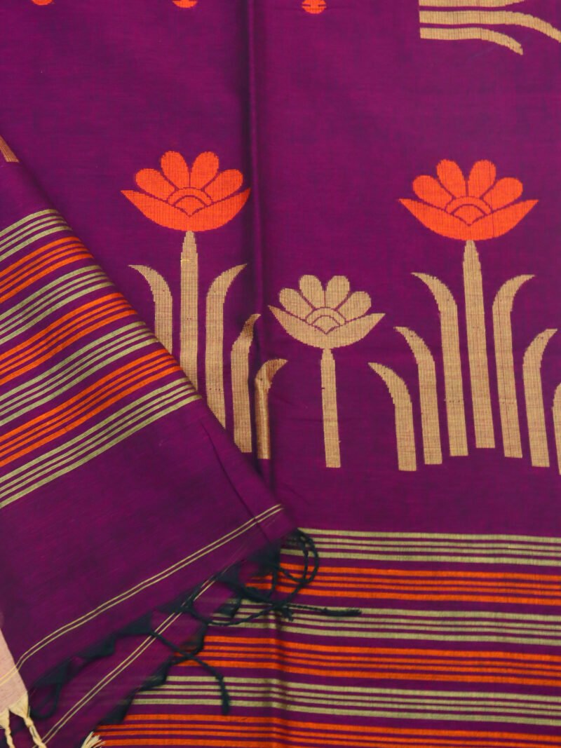 Wine Handloom Khadi Cotton Jamdani Saree - Image 5