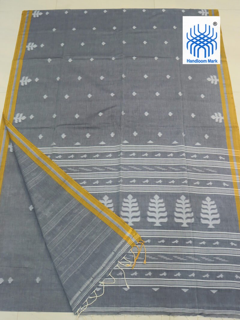 Charcole Handloom Khadi Cotton Dhakai Jamdani Saree - Image 2