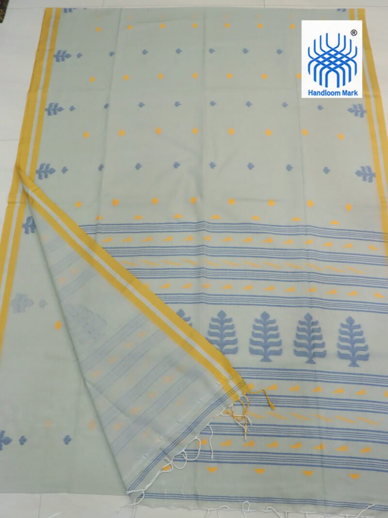 Honeydew Handloom Khadi Cotton Dhakai Jamdani Saree - Image 2