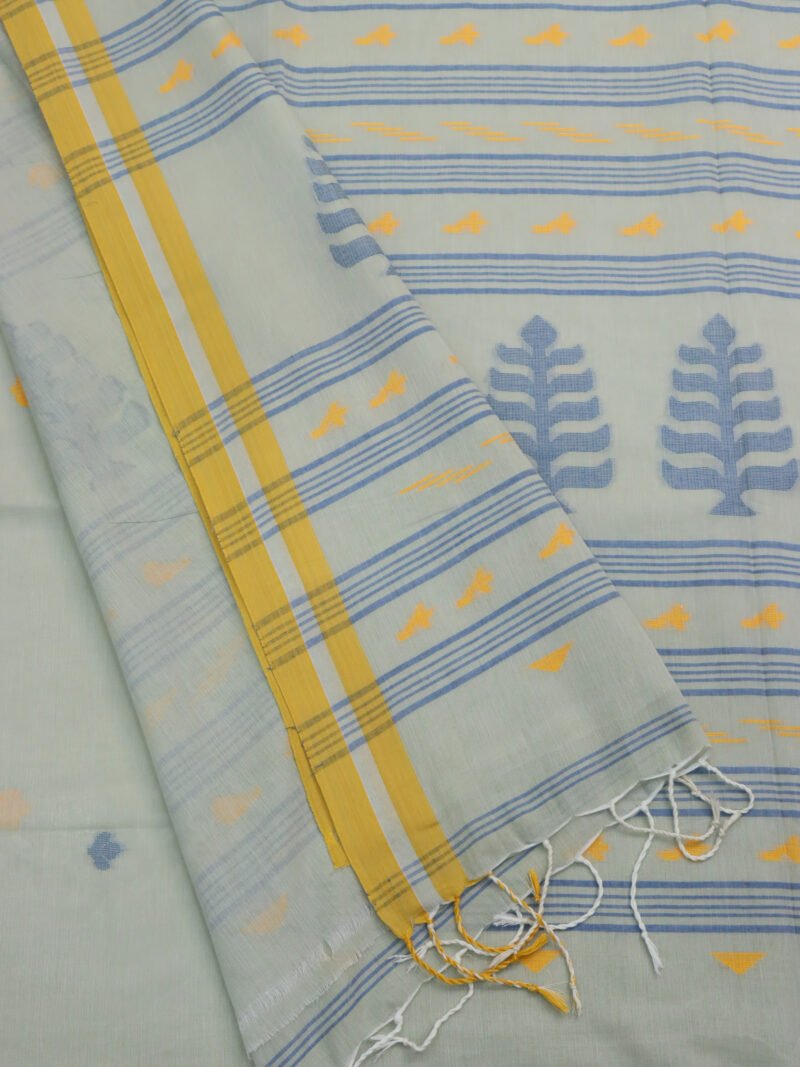 Honeydew Handloom Khadi Cotton Dhakai Jamdani Saree - Image 4