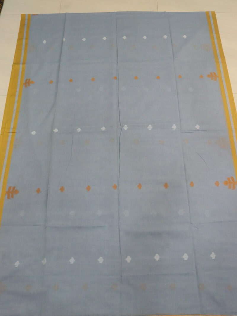 French Gray Handloom Khadi Cotton Dhakai Jamdani Saree - Image 6