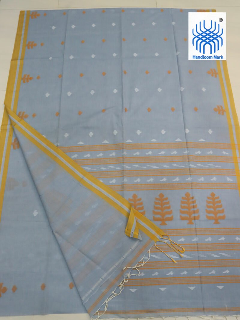 French Gray Handloom Khadi Cotton Dhakai Jamdani Saree - Image 2